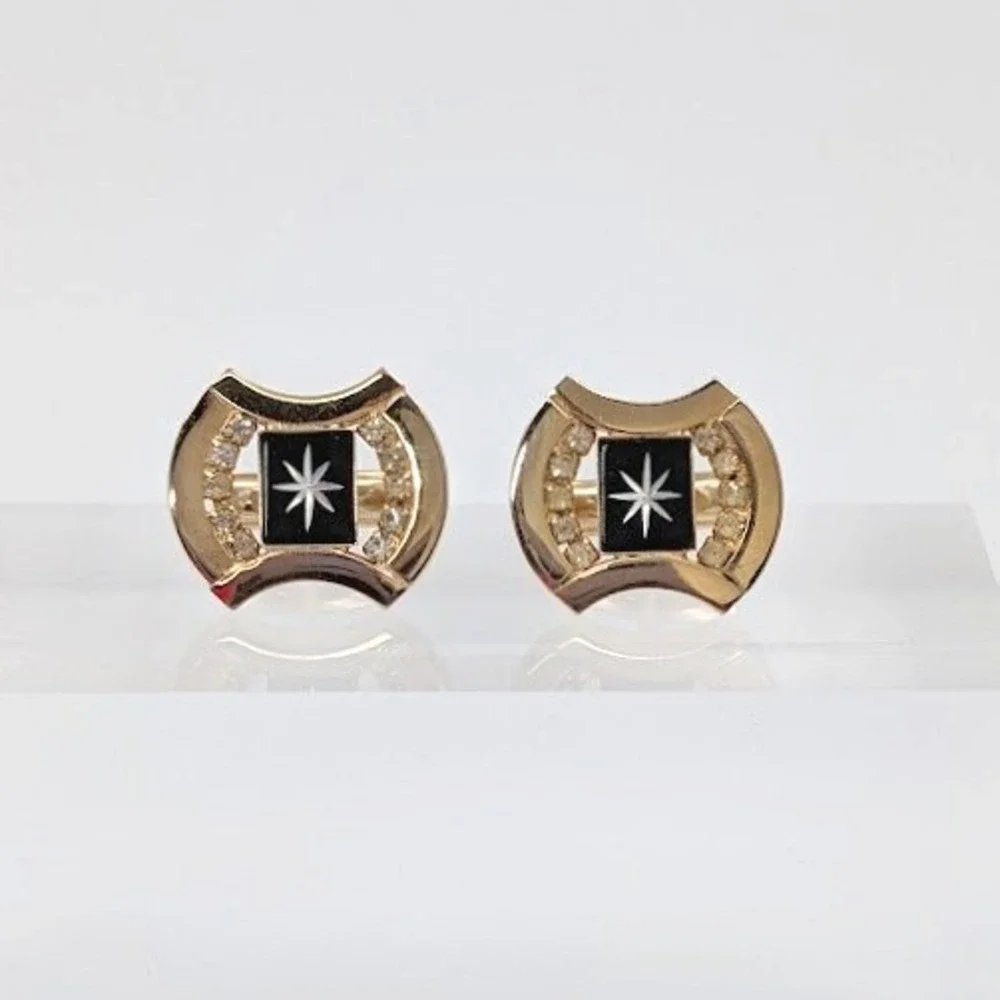 Vtg Atomic Starburst Cufflinks MCM Gold Tone Black Enamel Rhinestone Pat 2974381